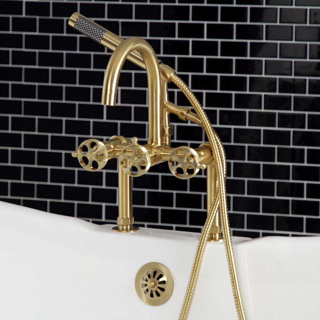Webb Three-Handle 2-Hole Deck-Mount Clawfoot Tub Faucet with Knurled Handle and Hand Shower