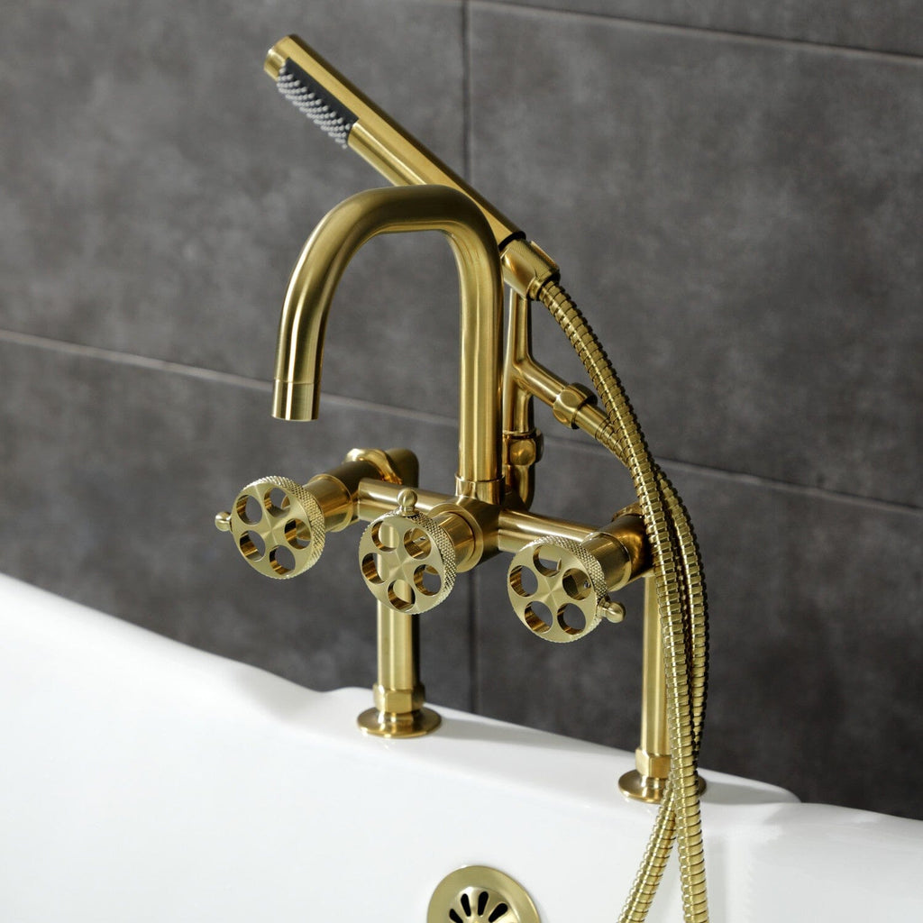 Webb Three-Handle 2-Hole Deck-Mount Clawfoot Tub Faucet with Knurled Handle and Hand Shower