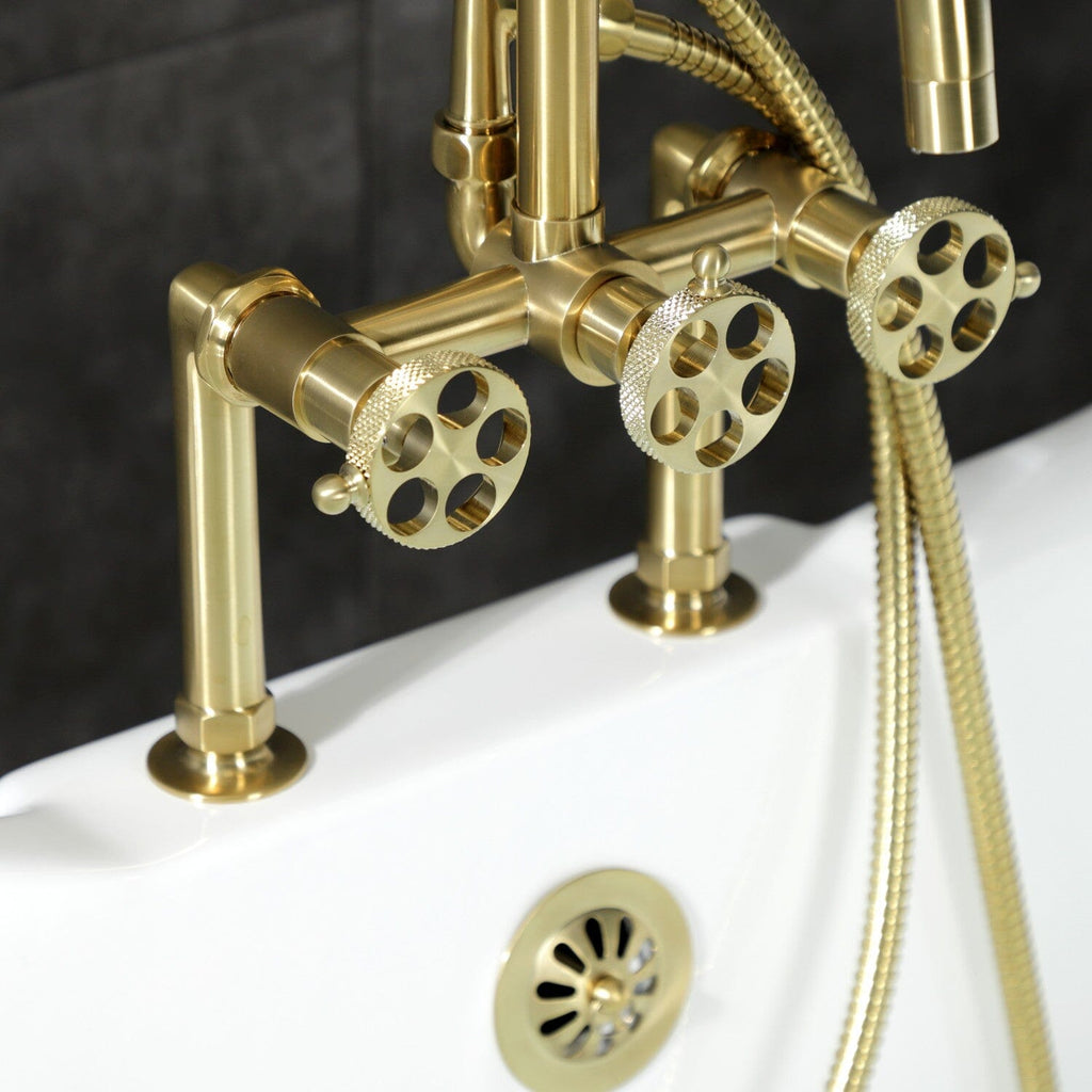 Webb Three-Handle 2-Hole Deck-Mount Clawfoot Tub Faucet with Knurled Handle and Hand Shower