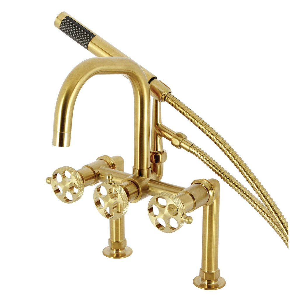 Webb Three-Handle 2-Hole Deck-Mount Clawfoot Tub Faucet with Knurled Handle and Hand Shower