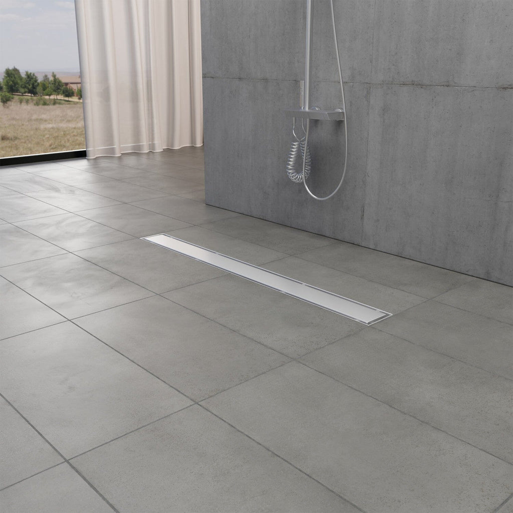 Watercourse 28-Inch Stainless Steel Linear Shower Drain with Reversible Tile Insert and Flat Grate, Drain with Base Flange and Hair Strainer