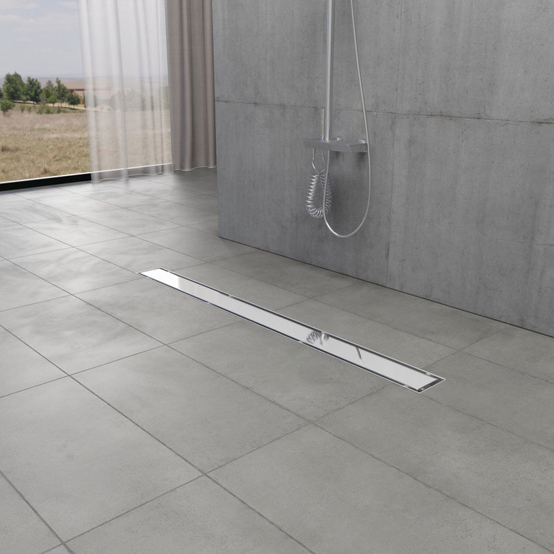 Watercourse 32-Inch Stainless Steel Linear Shower Drain with Reversible Tile Insert and Flat Grate, Drain with Base Flange and Hair Strainer