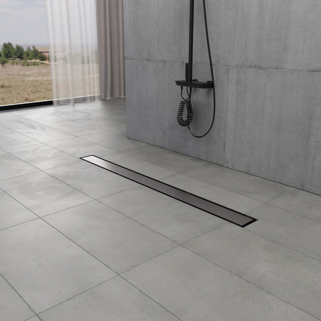 Watercourse 48-Inch Stainless Steel Linear Shower Drain with Reversible Tile Insert and Flat Grate, Drain with Base Flange and Hair Strainer