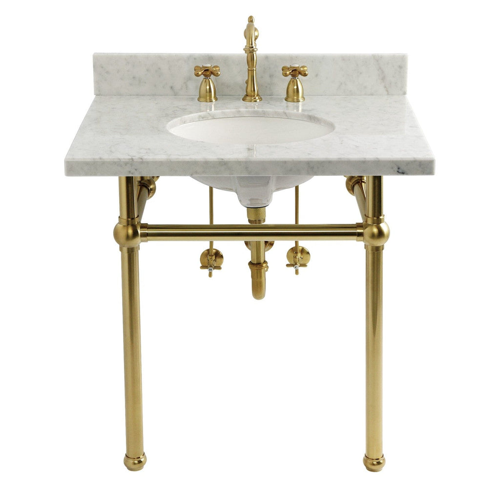 Templeton 30-Inch Carrara Marble Console Sink Set with Widespread Bathroom Faucet and Plumbing Trim Kit (8-Inch, 3-Hole)
