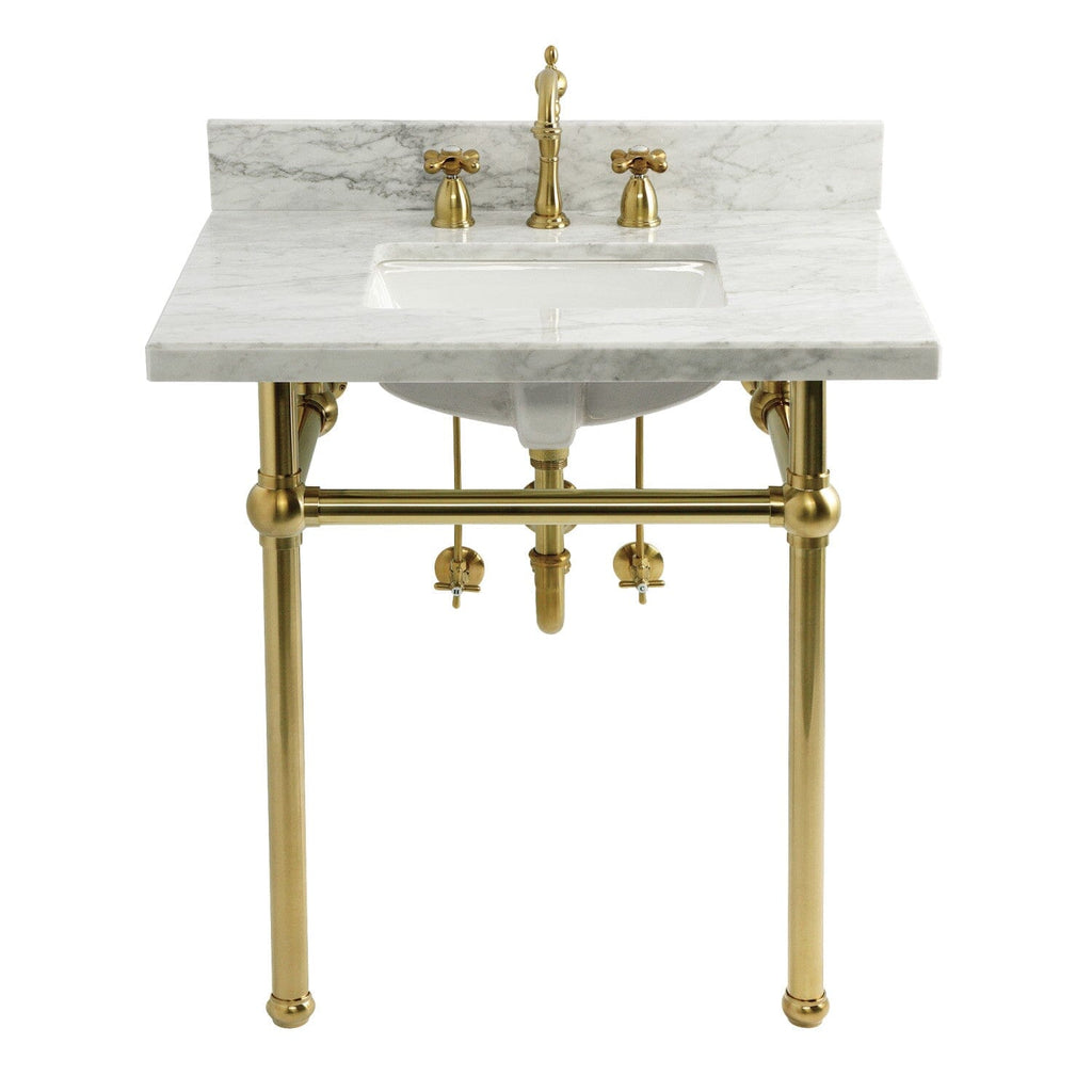 Templeton 30-Inch Carrara Marble Console Sink Set with Widespread Bathroom Faucet and Plumbing Trim Kit (8-Inch, 3-Hole)