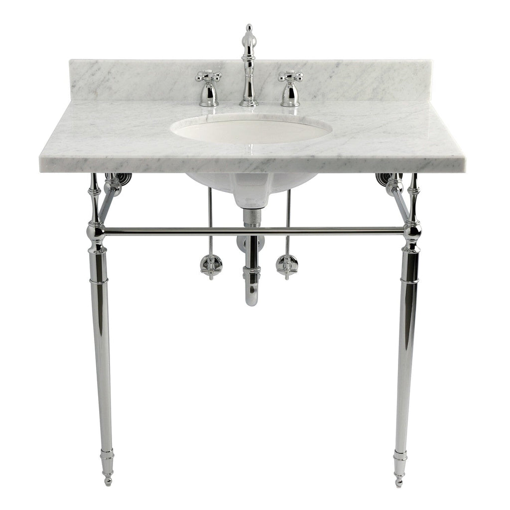 Edwardian 36-Inch Carrara Marble Console Sink Set with Widespread Bathroom Faucet and Plumbing Trim Kit (8-Inch, 3-Hole)