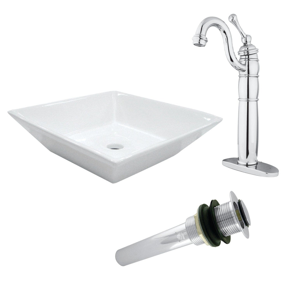 Perfection 16-9/16 Inch Ceramic Square Vessel Sink with Heritage Sink Faucet and Drain Combo
