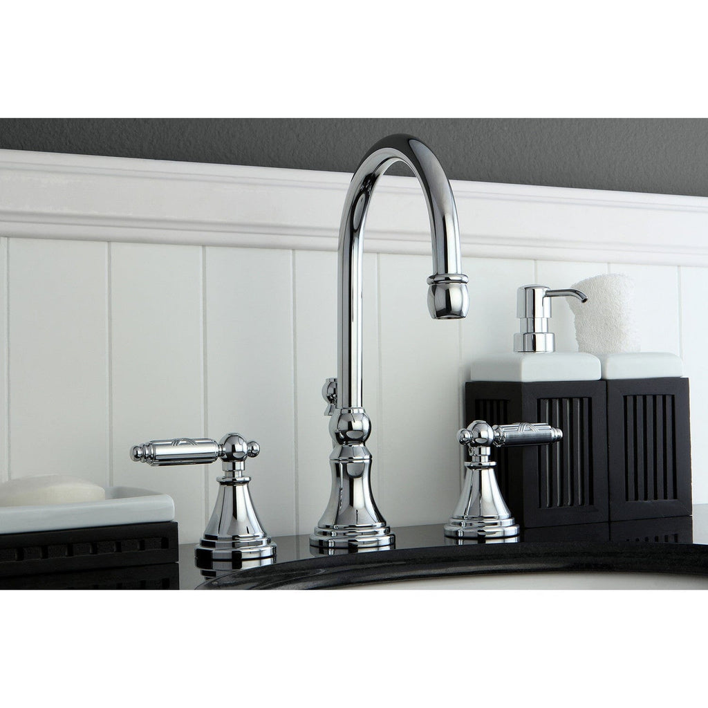Georgian Two-Handle 3-Hole Deck Mount Widespread Bathroom Faucet with Brass Pop-Up Drain