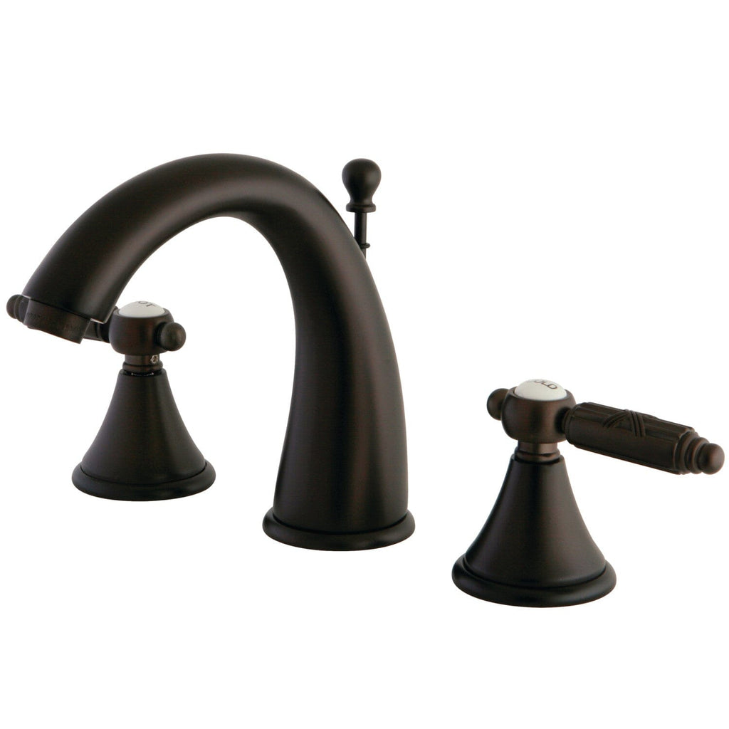 Georgian Two-Handle 3-Hole Deck Mount Widespread Bathroom Faucet with Brass Pop-Up
