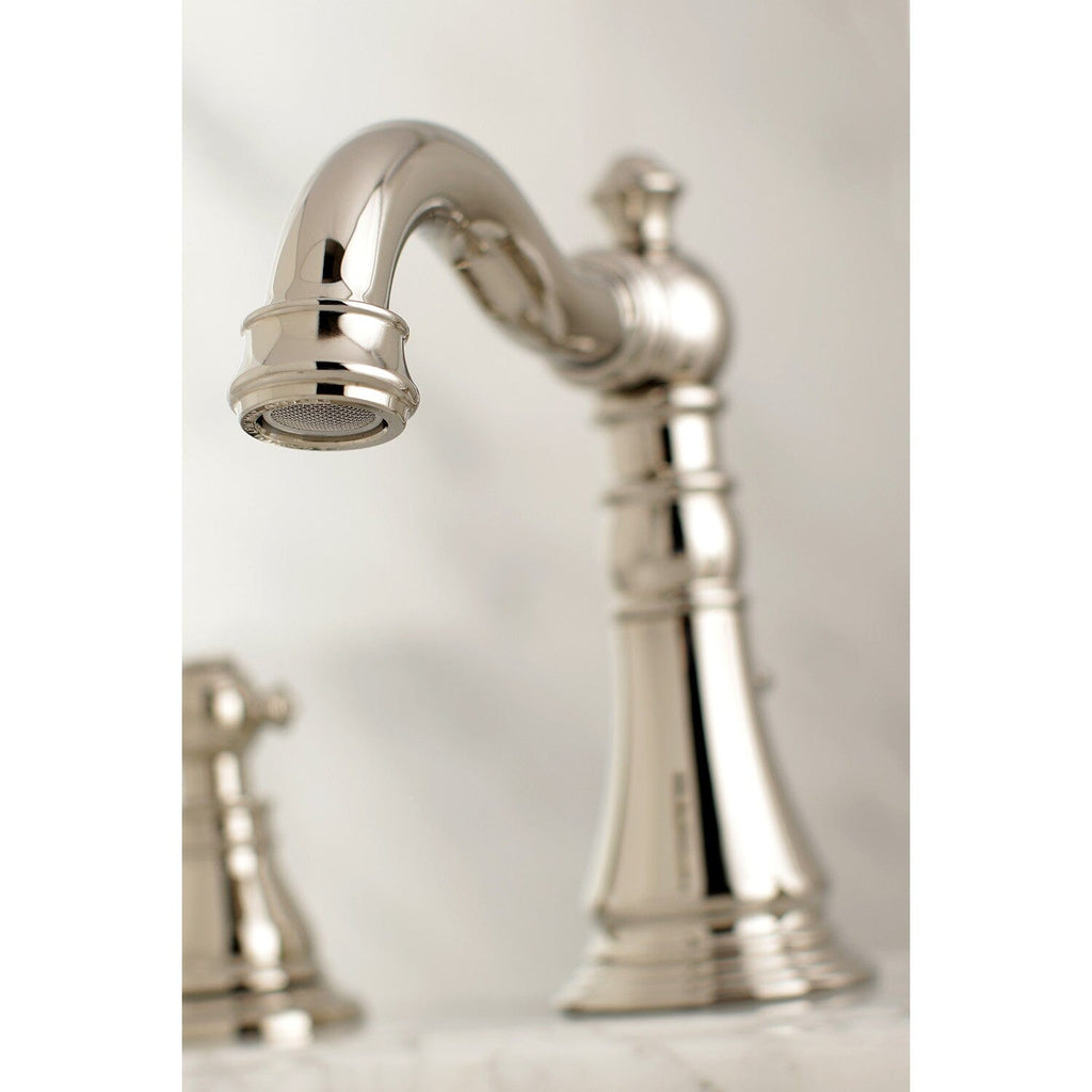 American Patriot Two-Handle 3-Hole Deck Mount Widespread Bathroom Faucet with Brass Pop-Up Drain