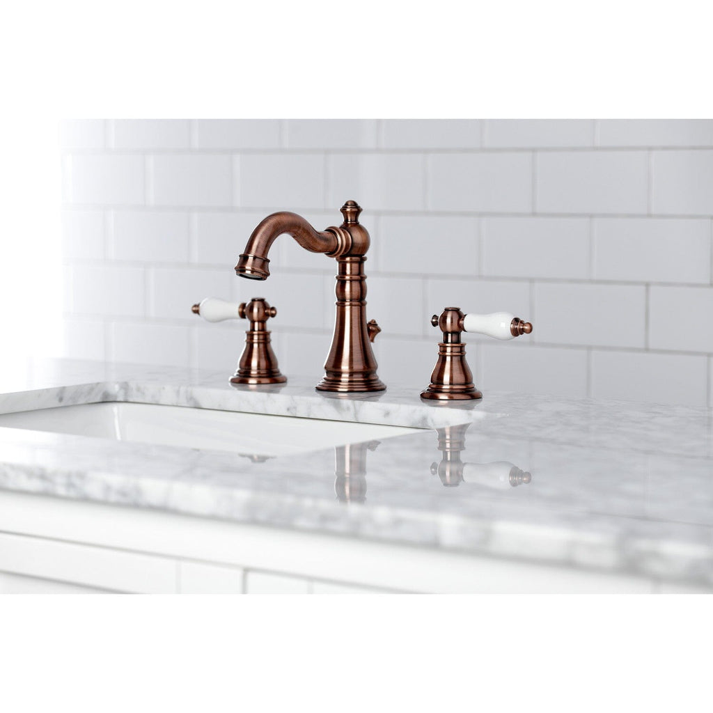 American Patriot Two-Handle 3-Hole Deck Mount Widespread Bathroom Faucet with Brass Pop-Up Drain