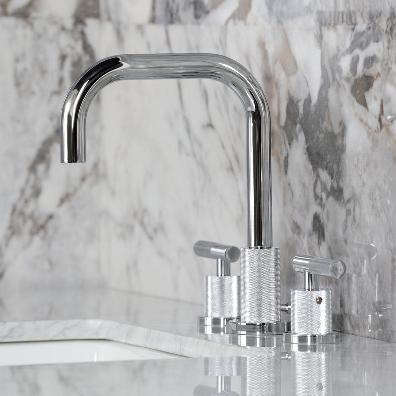 Convergent Two-Handle 3-Hole Deck Mount Widespread Bathroom Faucet with Knurled Handle and Brass Pop-Up