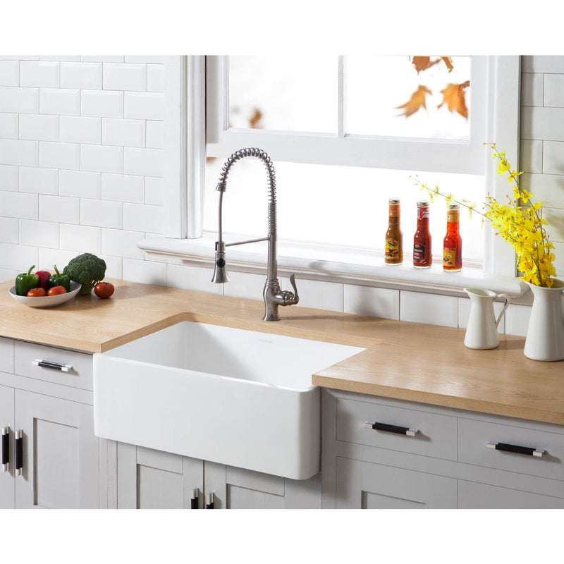 Arcticstone 30-Inch Solid Surface White Stone Apron-Front Single Bowl Farmhouse Kitchen Sink with Strainer