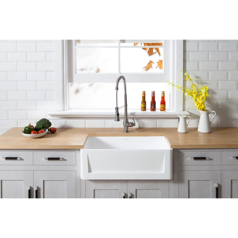 Arcticstone 30-Inch Solid Surface White Stone Apron-Front Single Bowl Farmhouse Kitchen Sink with Strainer