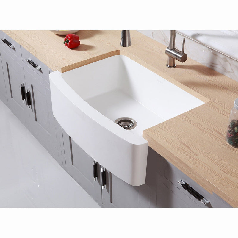 Arcticstone 30-Inch Solid Surface White Stone Apron-Front Single Bowl Farmhouse Kitchen Sink with Strainer