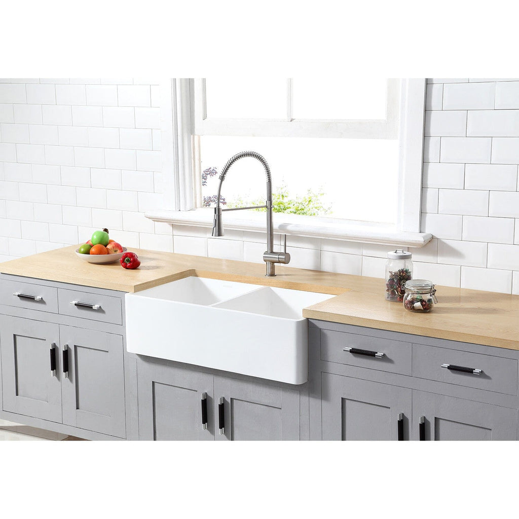 Arcticstone 33-Inch Solid Surface White Stone Apron-Front Double Bowl Farmhouse Kitchen Sink with Strainers x 2