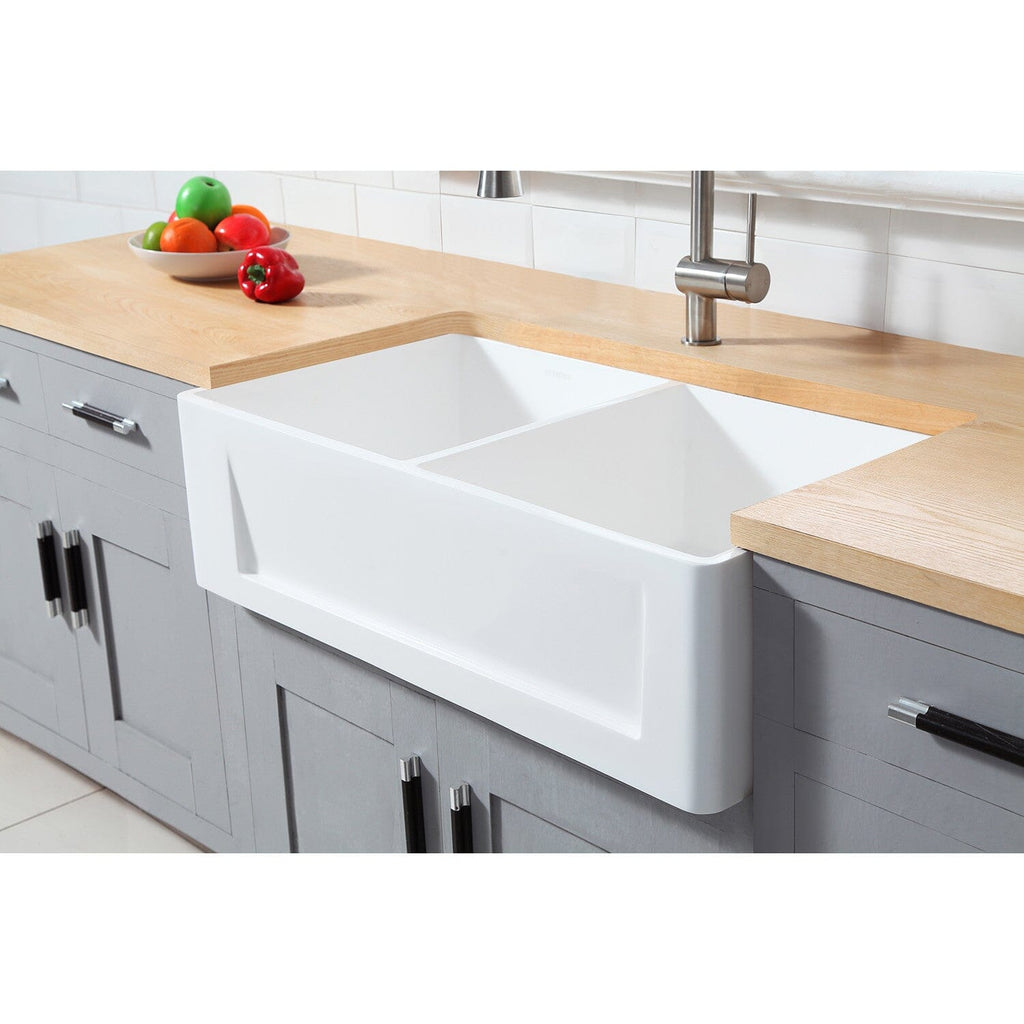 Arcticstone 33-Inch Solid Surface White Stone Apron-Front Double Bowl Farmhouse Kitchen Sink with Strainers x 2