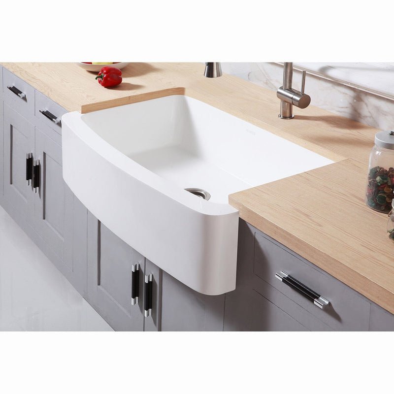 Arcticstone 33-Inch Solid Surface White Stone Apron-Front Single Bowl Farmhouse Kitchen Sink with Strainer