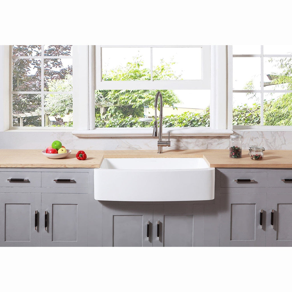 Arcticstone 36-Inch Solid Surface White Stone Apron-Front Single Bowl Farmhouse Kitchen Sink with Strainer