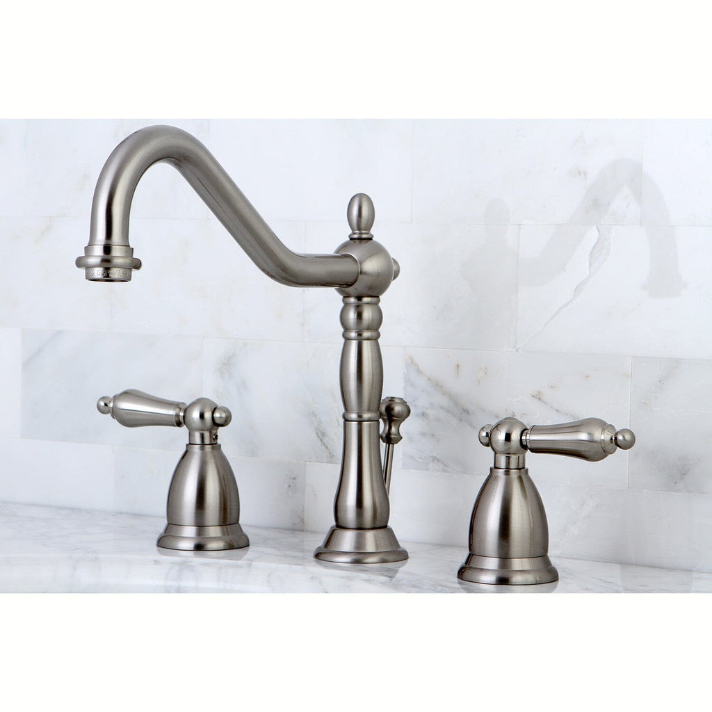 Heritage Two-Handle 3-Hole Deck Mount Widespread Bathroom Faucet with Brass Pop-Up Drain