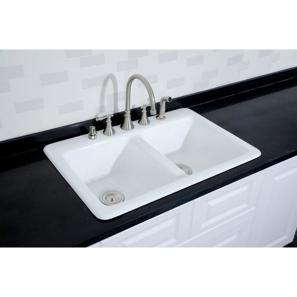 Petra Galley 33-Inch Cast Iron Self-Rimming Double Bowl Drop-In Kitchen Sink (5-Hole)