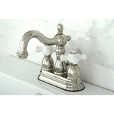 Heritage Two-Handle 3-Hole Deck Mount 4" Centerset Bathroom Faucet with Plastic Pop-Up