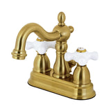 Heritage Two-Handle 3-Hole Deck Mount 4" Centerset Bathroom Faucet with Plastic Pop-Up