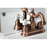 Heritage Two-Handle 3-Hole Deck Mount 4" Centerset Bathroom Faucet with Plastic Pop-Up