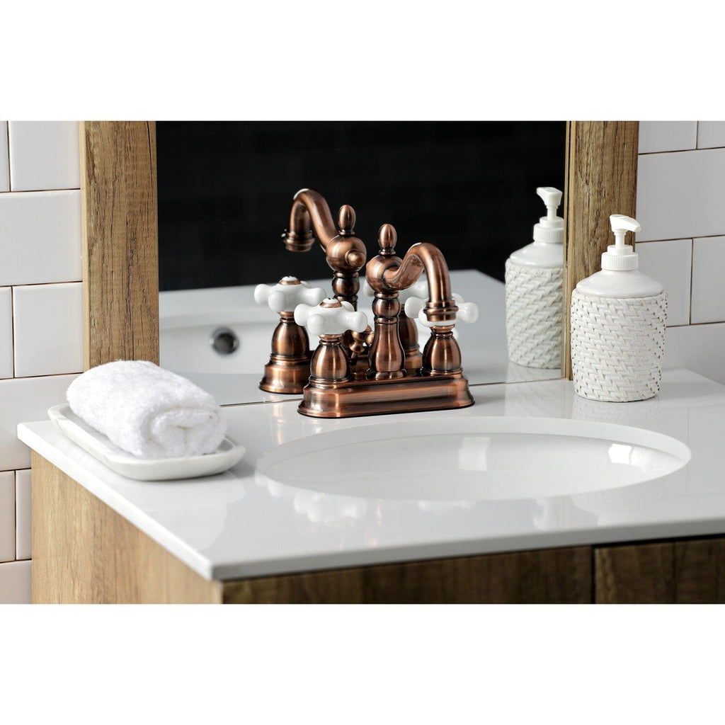 Heritage Double-Handle 3-Hole Deck Mount 4-Inch Centerset Bathroom Faucet with Pop-Up Drain