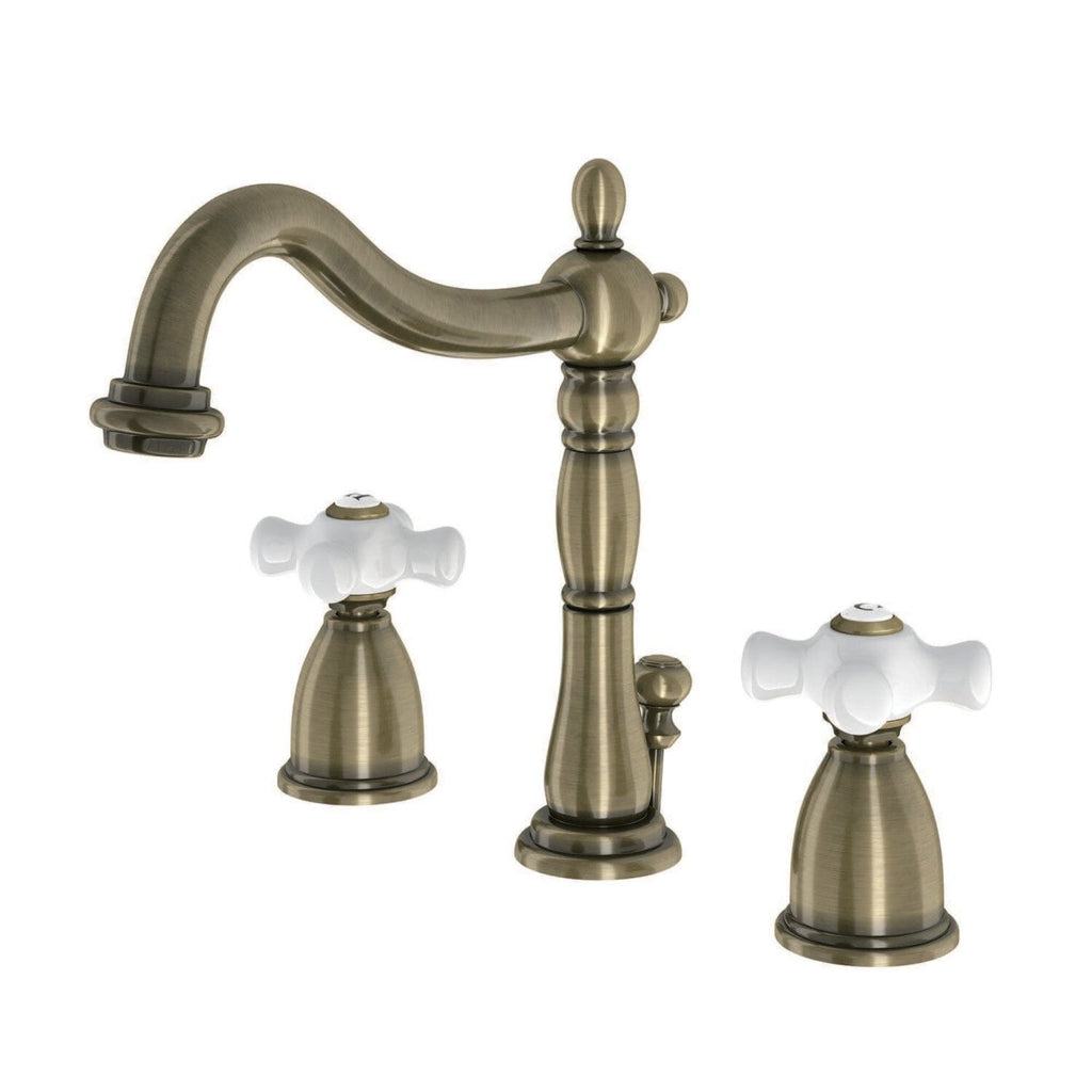Heritage Two-Handle 3-Hole Deck Mount Widespread Bathroom Faucet with Brass Pop-Up