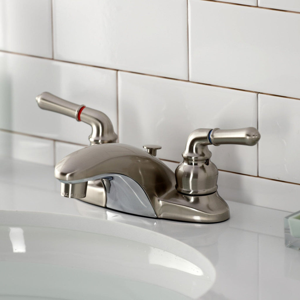 Magellan Double-Handle 3-Hole Deck Mount 4-Inch Centerset Bathroom Faucet with Brass Pop-Up