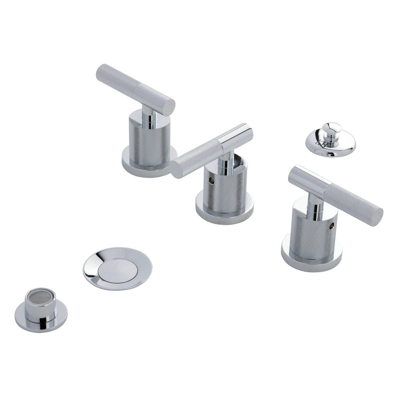 Convergent Three-Handle Deck Mount Bidet Faucet with Knurled Handle and Brass Pop-Up