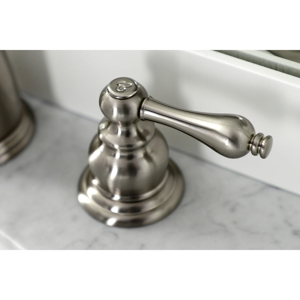 Victorian Two-Handle 3-Hole Deck Mount Widespread Bathroom Faucet with Brass Pop-Up Drain