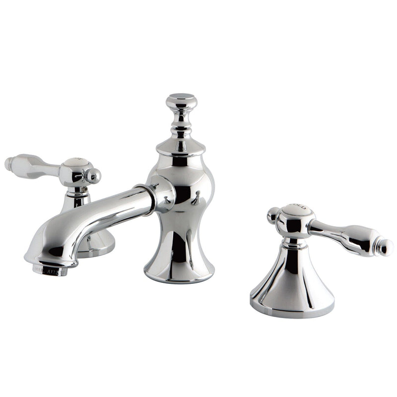Tudor Two-Handle 3-Hole Deck Mount Widespread Bathroom Faucet with Brass Pop-Up
