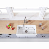 Arcticstone 33-Inch Solid Surface White Stone Apron-Front Single Bowl Farmhouse Kitchen Sink with Strainer and Grid