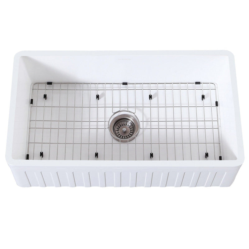 Arcticstone 36-Inch Solid Surface White Stone Apron-Front Single Bowl Farmhouse Kitchen Sink with Strainer and Grid