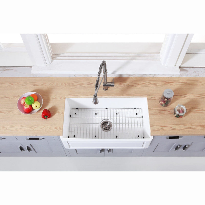 Arcticstone 36-Inch Solid Surface White Stone Apron-Front Single Bowl Farmhouse Kitchen Sink with Strainer and Grid