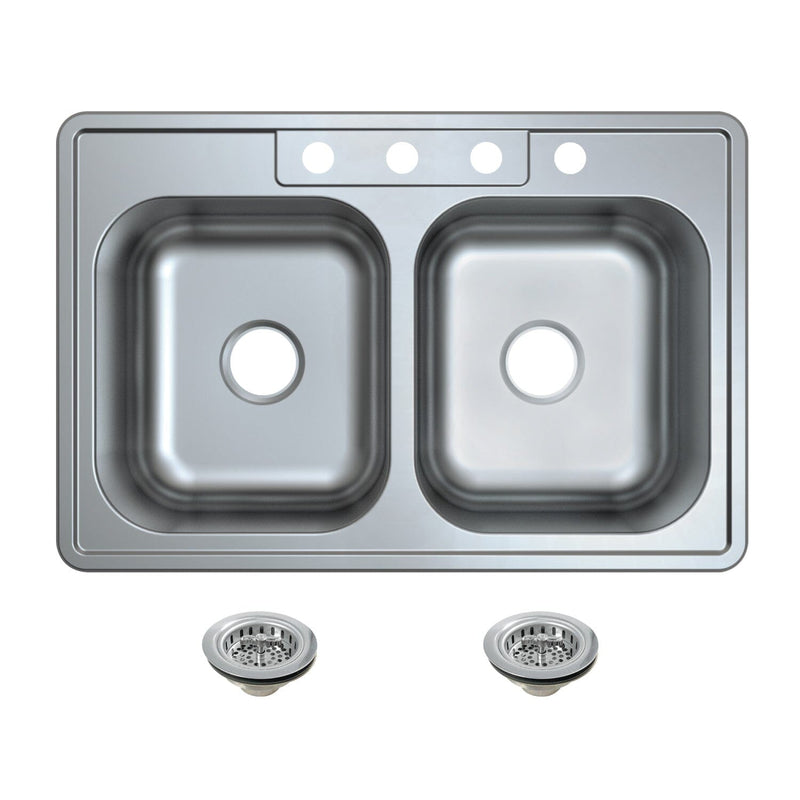 Studio 33-Inch Stainless Steel Self-Rimming Double Bowl Drop-In Kitchen Sink (4-Hole) with Strainer