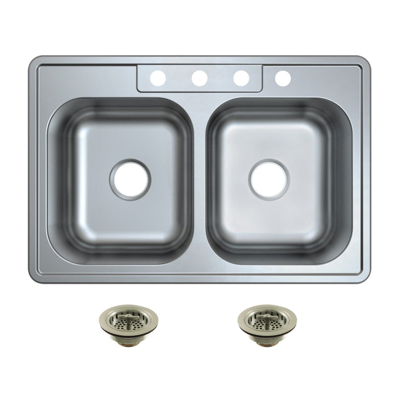 Studio 33-Inch Stainless Steel Self-Rimming Double Bowl Drop-In Kitchen Sink (4-Hole) with Strainer