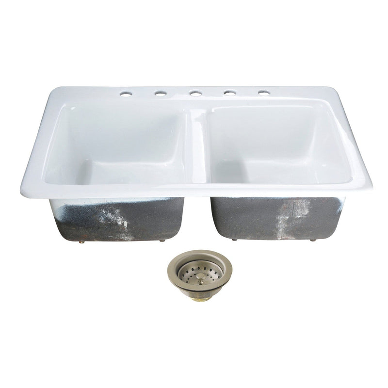 Petra Galley 33-Inch Cast Iron Self-Rimming Double Bowl Drop-In Kitchen Sink (5-Hole) with Basket Strainers x 2