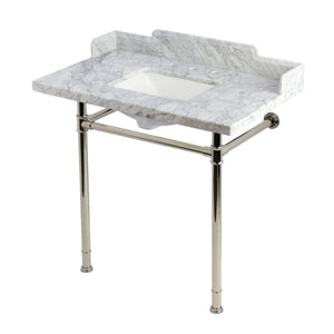 Wesselman 36-Inch Carrara Marble Console Sink with Stainless Steel Legs (8-Inch, 3-Hole)