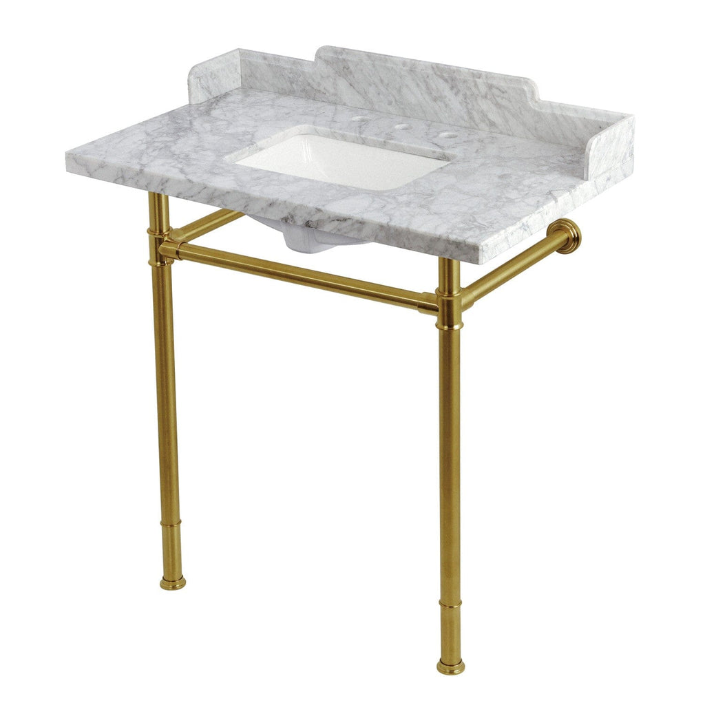Wesselman 36-Inch Carrara Marble Console Sink with Stainless Steel Legs (8-Inch, 3-Hole)