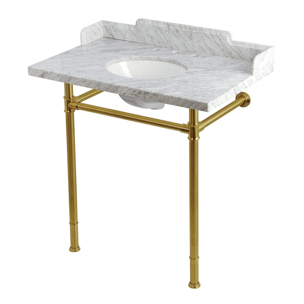 Wesselman 36-Inch Carrara Marble Console Sink with Stainless Steel Legs (8-Inch, 3-Hole)