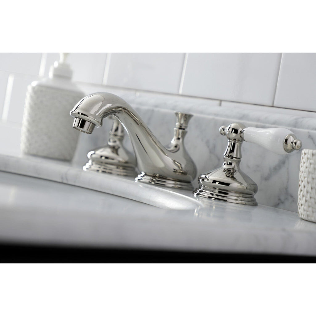 Heritage Two-Handle 3-Hole Deck Mount Widespread Bathroom Faucet with Brass Pop-Up Drain