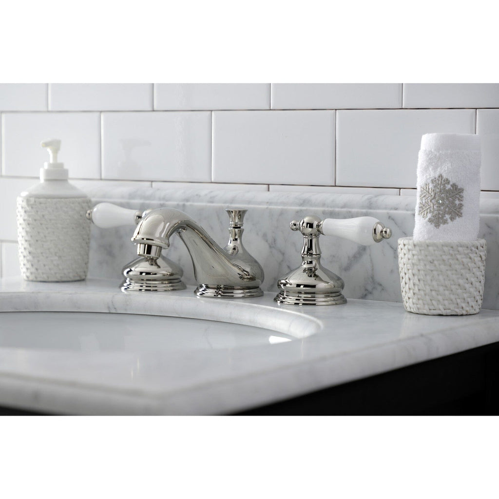 Heritage Two-Handle 3-Hole Deck Mount Widespread Bathroom Faucet with Brass Pop-Up Drain