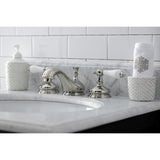 Heritage Two-Handle 3-Hole Deck Mount Widespread Bathroom Faucet with Brass Pop-Up Drain