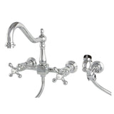 Heritage Two-Handle 2-Hole Wall Mount Bridge Kitchen Faucet with Brass Sprayer