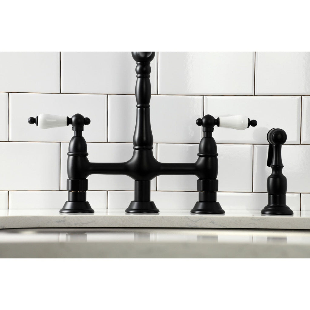 Heritage Two-Handle 4-Hole Deck Mount Bridge Kitchen Faucet with Brass Side Sprayer