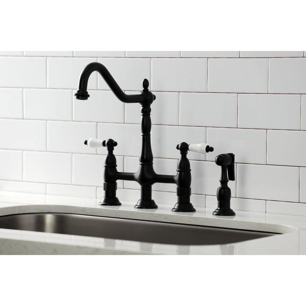 Heritage Two-Handle 4-Hole Deck Mount Bridge Kitchen Faucet with Brass Side Sprayer