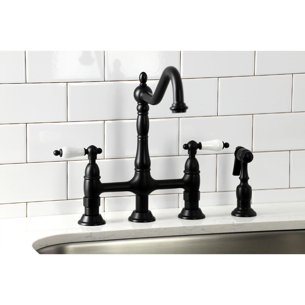Heritage Two-Handle 4-Hole Deck Mount Bridge Kitchen Faucet with Brass Side Sprayer